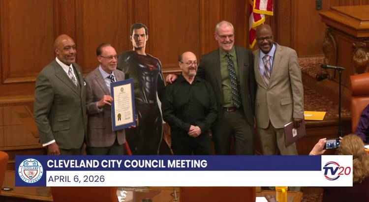 Cleveland City Council declared April 18 Superman Day. Pictured, l-r, Council President Blaine Griffin, Gary Kaplan and Mike Sangiacomo of the Siegel and Shuster Society, Ward 4's  Kris Harsh, and Ward 9's Kevin Conwell.